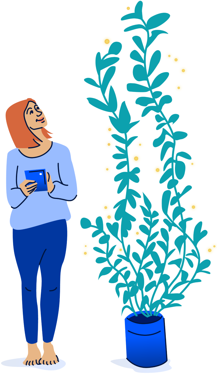 A woman smiling as she looks up at her growing plant alongside the many values that a BankMatch℠ bank offers